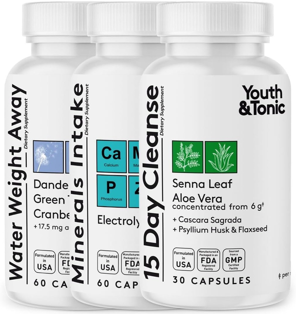 Youth & Tonic Water Weight Away et 15 Day Cleanse Bundle, emballés avec des électrolytes de remplissage pour soutenir l'hydratation en utilisant des diurétiques
