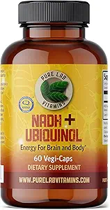 Vitamines pures de laboratoire NADH 10mg avec Ubiquinol 40 mg - 60 Caps Vegi Bioactive VIT B3 et CoQ10 pour le cerveau et l'énergie corporelle. Fabriqué au Canada