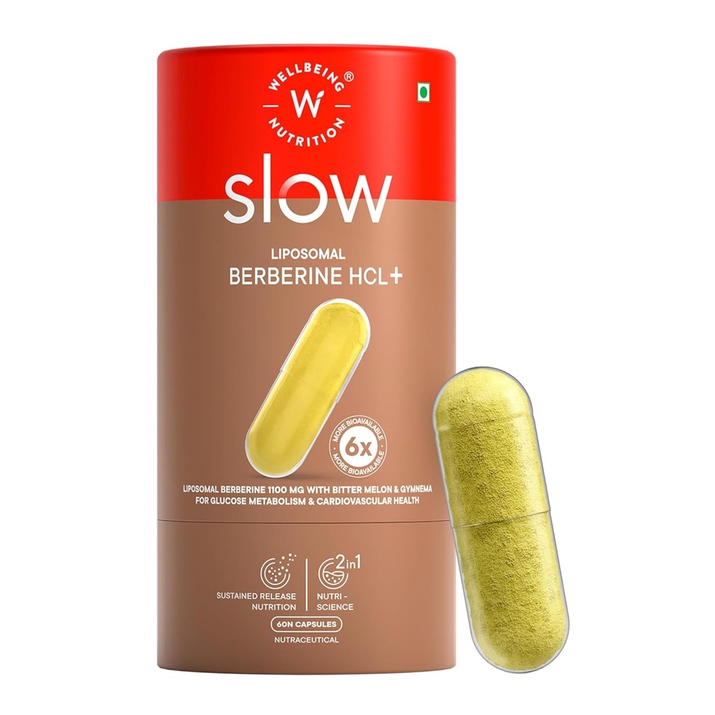 Wellbeing Nutrition Slow Liposomal Berberine HCL+ 1100mg with Karela, Cinnamon, Gymnema, Chromium |For Metabolism, Hormonal Balance, Healthy Blood Sugar & Cholesterol Levels | 60 Veg Capsules