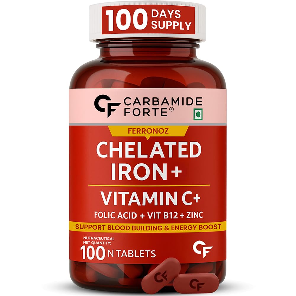 Carbamide Forte Chelated Iron Supplement for Women | Folic Acid Tablets for Pregnancy | 100 Veg Tablets for Hair Growth with Iron Bisglycinate