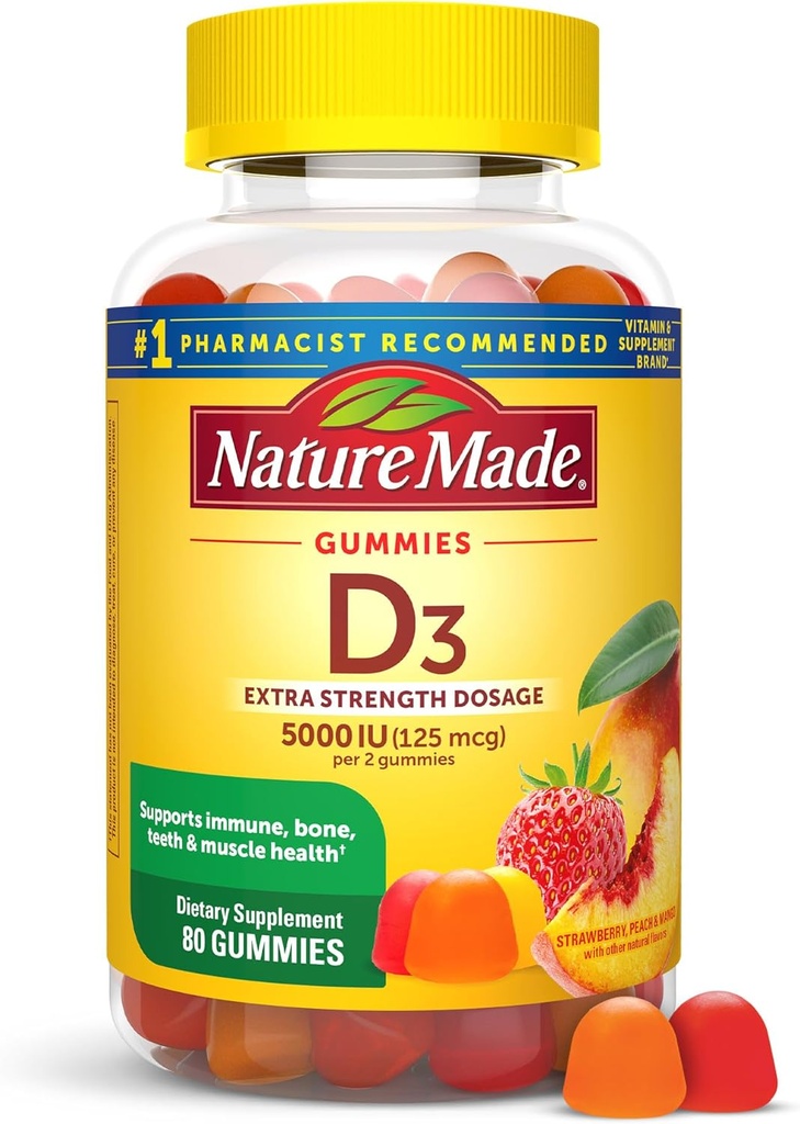 Nature faite de vitamine D3 5000 UI par portion Gommies Extra Strength, Bone and Immune Health Support, 80 Gommies de vitamine D pour adultes, 40 jours d'approvisionnement