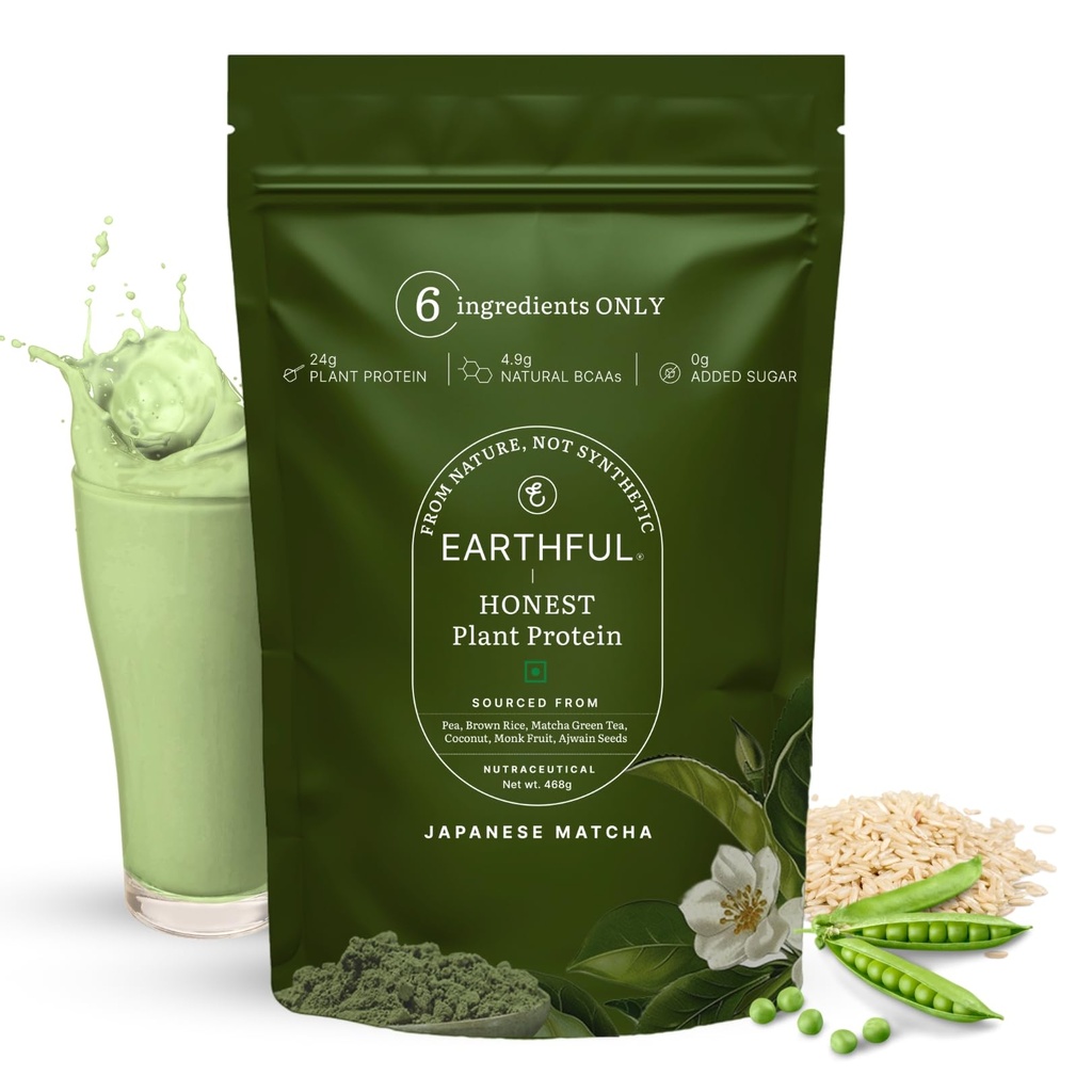 Earthful Honest Plant Protein | 24g Protein/Serving & 4.9g BCCAs | For Weight Management, Energy, Muscle Support & Recovery | Made with Pea & Brown Rice | Japanese Matcha - 468g