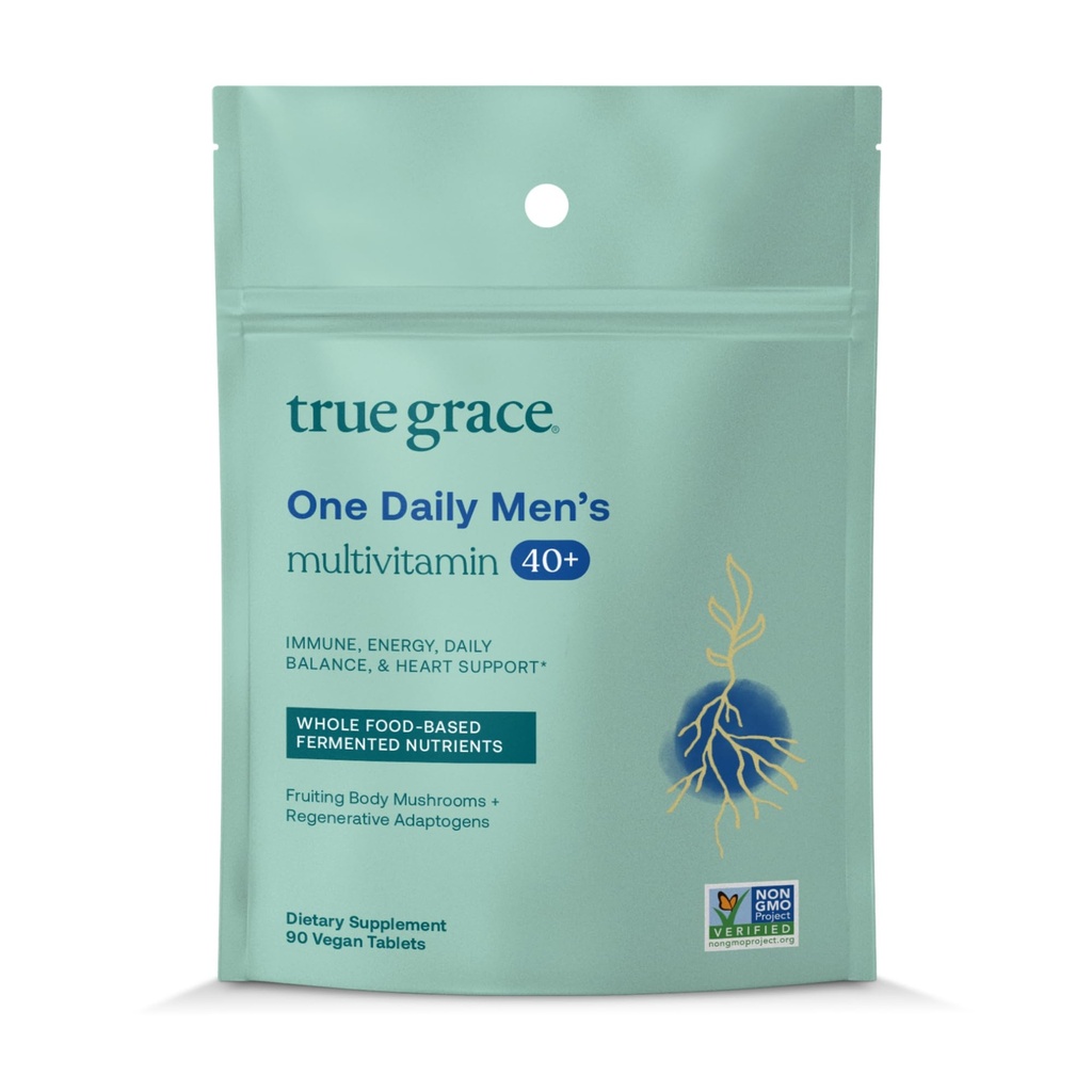 Vrai Grace Homme 40+ Un supplément quotidien multivitamine fermenté minéraux, Adaptogènes organiques et champignons Immune d'équilibre du corps entier, Endurance, os et soutien cardiaque - Non-OGM - 90 comprimés végétariens