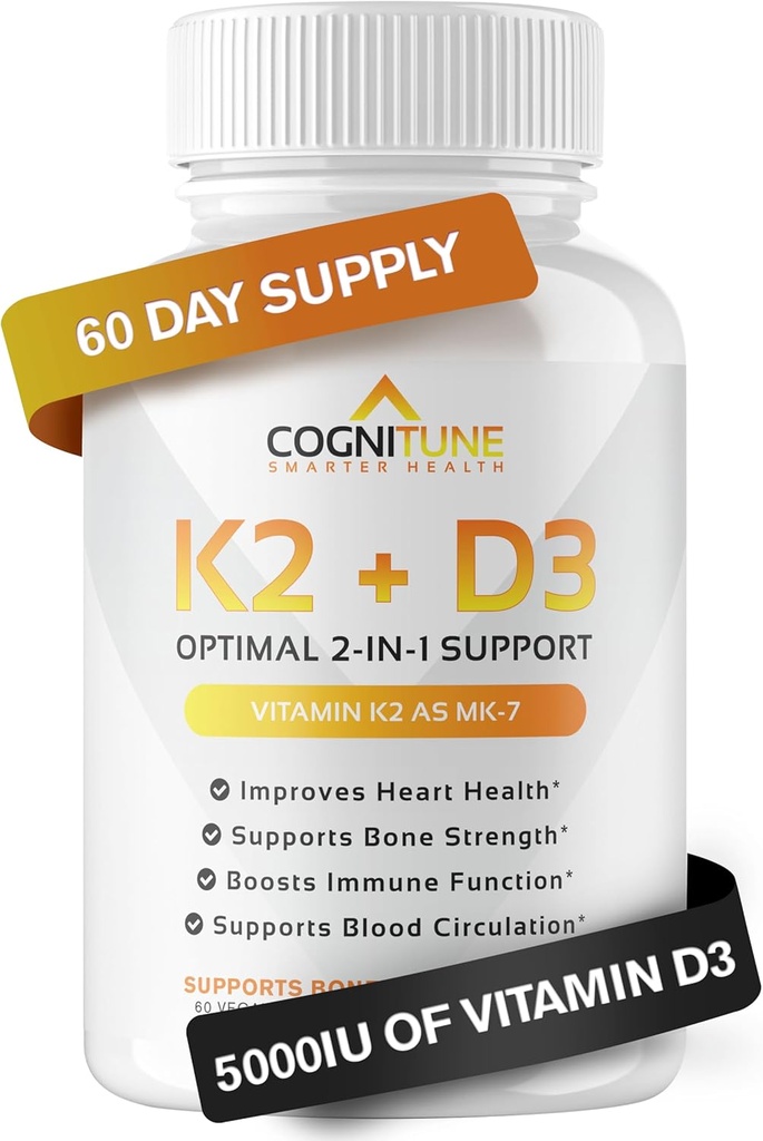 Vitamine D3 5000 UI avec supplément de vitamine K2 (MK7) - Capsules de santé Immune, coeur et os Premium - Complexe Vitamine K2 D3 avec 5000 UI de vitamine D3 et 90 μg de vitamine K2 mk7-60 Compte