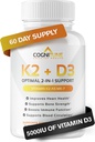 Vitamine D3 5000 UI avec supplément de vitamine K2 (MK7) - Capsules de santé Immune, coeur et os Premium - Complexe Vitamine K2 D3 avec 5000 UI de vitamine D3 et 90 μg de vitamine K2 mk7-60 Compte