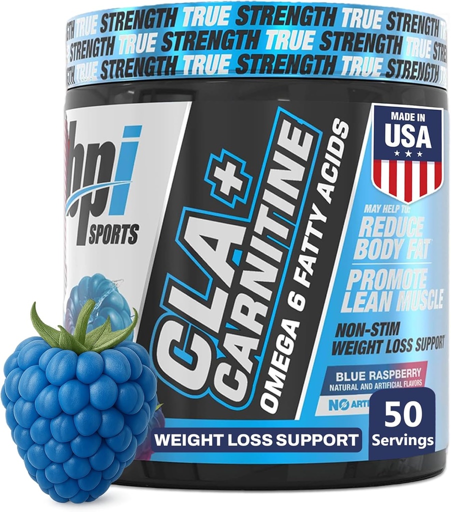BPI Sports CLA+Carnitine – CLA L Carnitine et acide linoléique – L supplément carnitine pour perte de poids, métabolisme et muscle maigre – sans caféine – framboise bleue – 50 portions – 12,34 oz