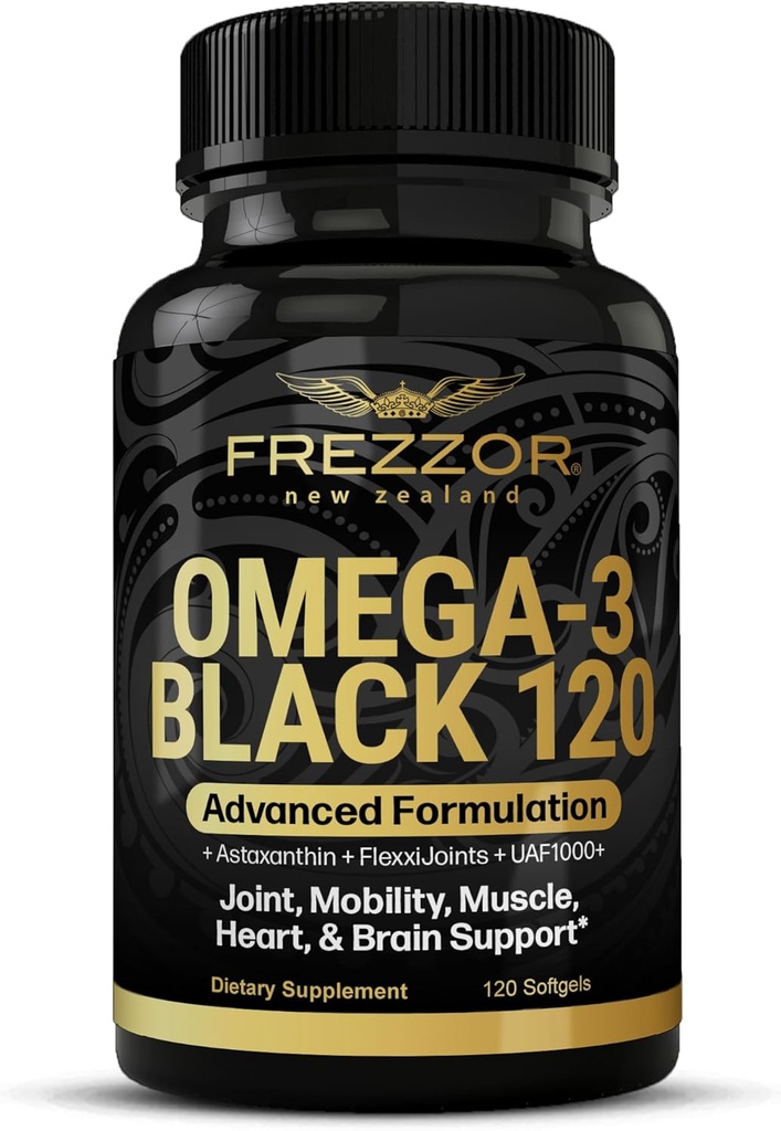 FREZZOR Omega 3 Noir - Capsules d'huile de moules à lisière verte, Fabriqué en Nouvelle-Zélande, UAF1000+, Pas d'arrière-goût de poisson, 120 Compte (paquet de 1)
