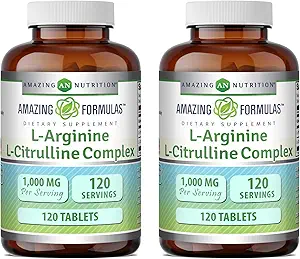 Formules étonnantes L-Arginine/L-Citrulline Complex 1000mg Comprimés Supplément de non-OGM , sans gluten , Fabriqué aux États-Unis (120 Comte , 2 Pack)