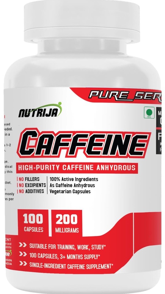 NutriJa Caffeine 200mg 100 Capsules | Caffeine Capsules for Pre-Workout and Daily Use | Sugar-Free, No Added Calories