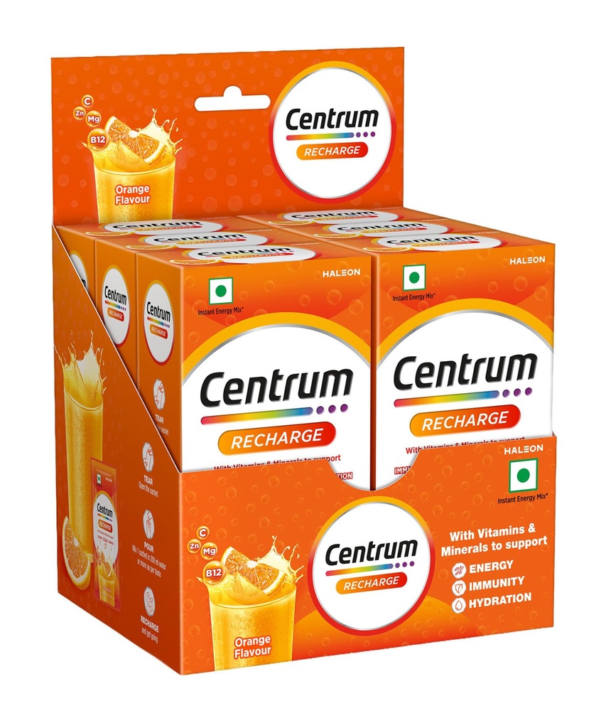 Centrum Recharge: Tasty Orange Flavoured Powder Drink Mix | No Added Sugar| Instant Energy & Hydration | 13 Vitamins & Minerals | Boosts Immunity | Vitamin B, C, Zinc, Magnesium | Pack of 36 sachets