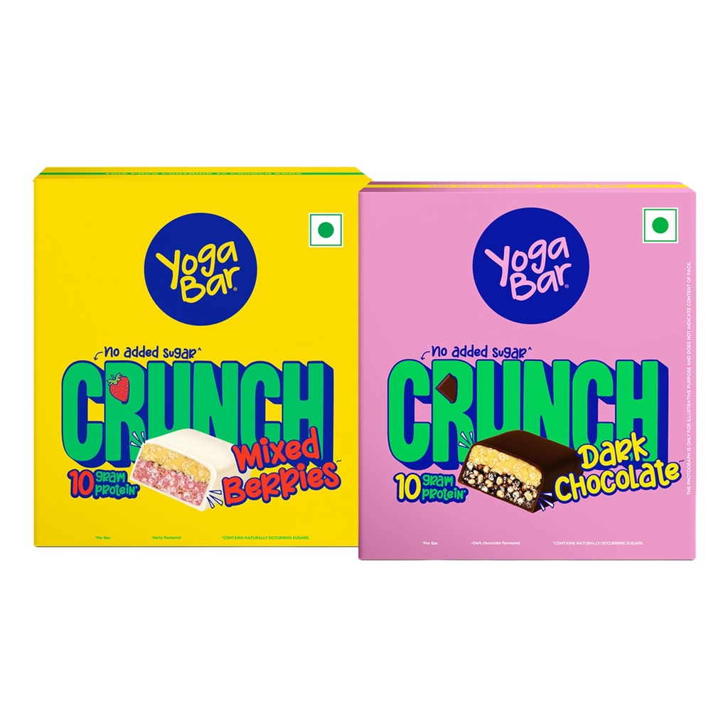Yogabar Crunch Bars Variety Pack | Dark Chocolate and Mixed Berry | 10g Protein Bars | No Added Sugar | Crunchy Whey Protein Bars for Gym, Workout & Healthy Snacking | Pack of 24 bars (12 x 2)