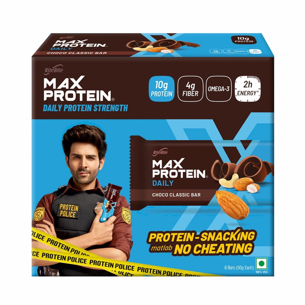 RiteBite Max Protein Daily Choco Classic 10g Protein Bars [Pack of 6] Protein Blend, Fiber, Vitamins & Minerals, No Preservatives, 100% Veg, For Energy, Fitness & Immunity - 300g