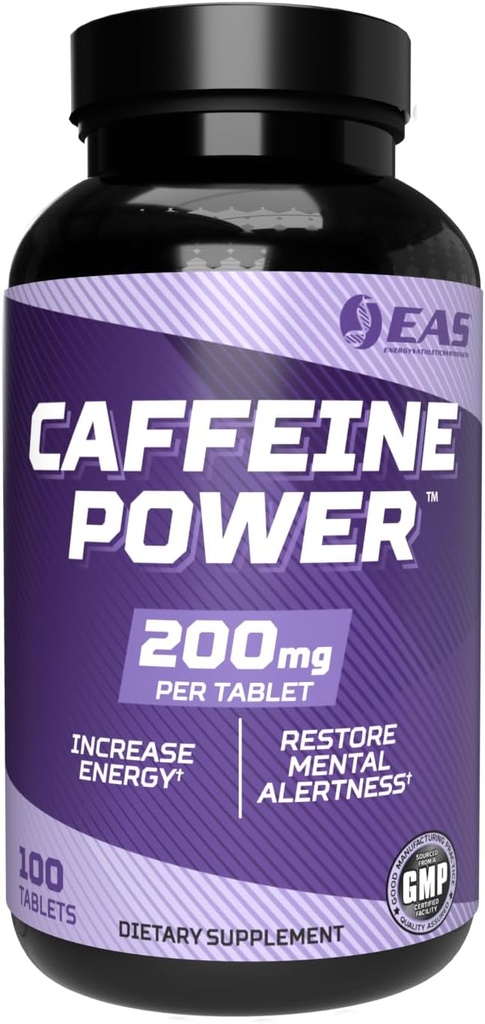 EAS Caffeine Power 200mg de supplément de pilules caféines Augmenter l'énergie et restaurer l'alerte mentale Sans gluten, sans OGM, respectueux des végétaux