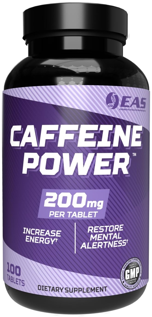 EAS Caffeine Power 200mg de supplément de pilules caféines Augmenter l'énergie et restaurer l'alerte mentale Sans gluten, sans OGM, respectueux des végétaux