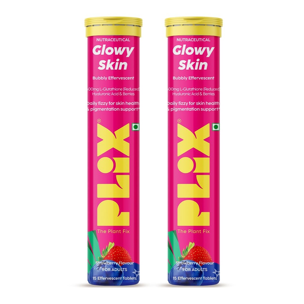 The Plant Fix Plix Glutathione Effervescent Tablets for Clear, Glowing & Youthful Skin | 600mg Glutathione, Vit E & Hyaluronic Acid | No Maltodextrin | Strawberry | Pack of 2