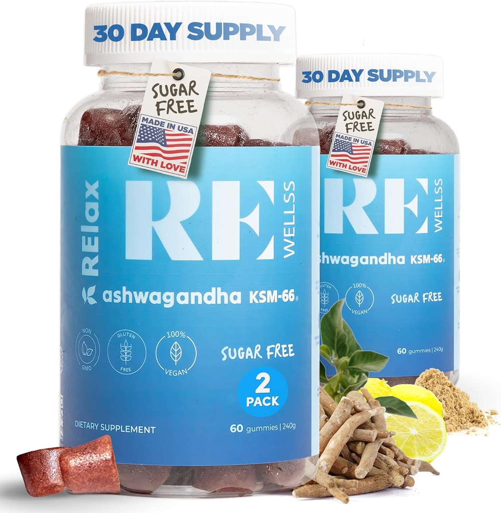 Ashwagandha & Vitamine D Gummies , Suppléments diététiques KSM 66 Ashwagandha pour support de stress 300mg , L-Theanine Lemon Baume , Natural Herbal Non-GMO sans sucre Gluten et sans gélatine 2 Pack