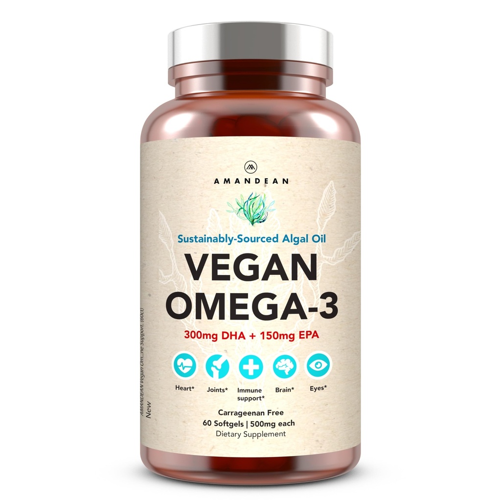 Supplément d'AMANDEAN Vegan Omega 3. Huile de poisson de qualité supérieure. Algae DHA & EPA. Moutons sans carrageenan. Acides gras essentiels alcalins. Cœur à base de plantes, cerveau, yeux, peau, soutien immunitaire. (60ct)