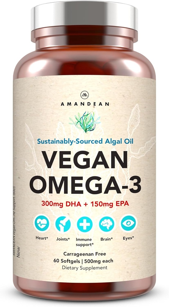 Supplément d'AMANDEAN Vegan Omega 3. Huile de poisson de qualité supérieure. Algae DHA & EPA. Moutons sans carrageenan. Acides gras essentiels alcalins. Cœur à base de plantes, cerveau, yeux, peau, soutien immunitaire. (60ct)