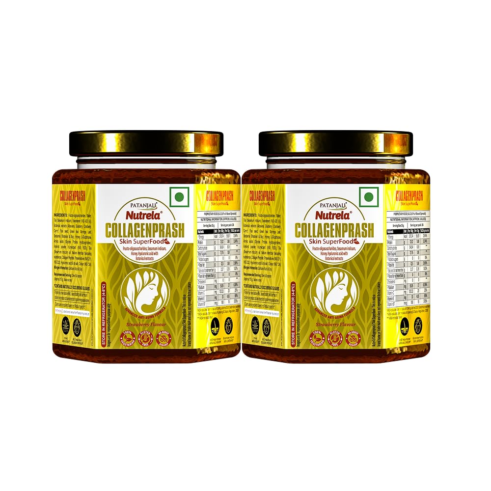 Nutrela Resin Collagen Builder Supplement for Glowing & Younger Looking Skin - 400g | Patanjali CollagenPrash Skin Super Food for Men & Women - Strawberry Flavour (Pack of 2)