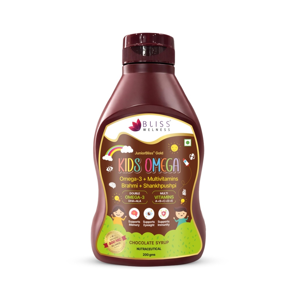 Bliss Welness Junior Bliss Kids Omega 3 6 9 + Multivitamins | Omega-3 DHA EPA ALA Vitamin A C D E | Focus Concentration Memory IQ Eyesight Immunity Brain Health Supplement (200 Gm)