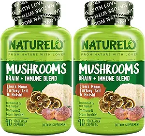 NATURELO Supplément de Champignon – Brain & Immune Health Blend avec Lion, Reishi, Turkey Tail – 90 Capsules Vegan Friendly (Pack of 2)