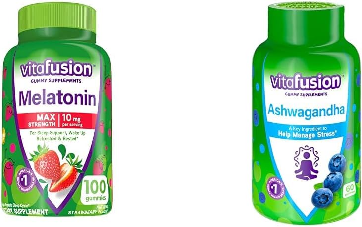 Vitafusion Max Strength Melatonin Suppléments Gummy, 100 Comte Ashwagandha Gummies, 60 Comte