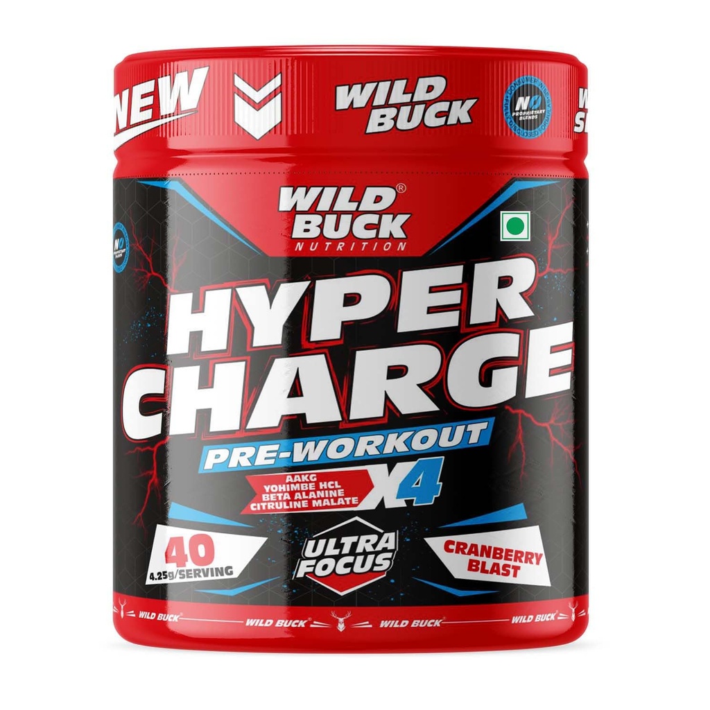 WILD BUCK Hyper Charge Pre-X4 Hardcore Pre-Workout Supplement powder with Creatine Monohydrate,Arginine AAKG,Explosive Muscle Pump,Caffeinated Punch For Unisex[40 Serv,Cranberry Blast], 170 grams