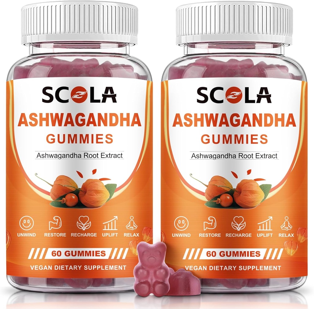 Gummies Ashwagandha, Gummies calmes avec extrait de racine Ashwagandha vitamine D zinc, supplément Ashwagandha pour équilibre de stress de sommeil, végétalien, non-OGM, sans gluten, 120 comte