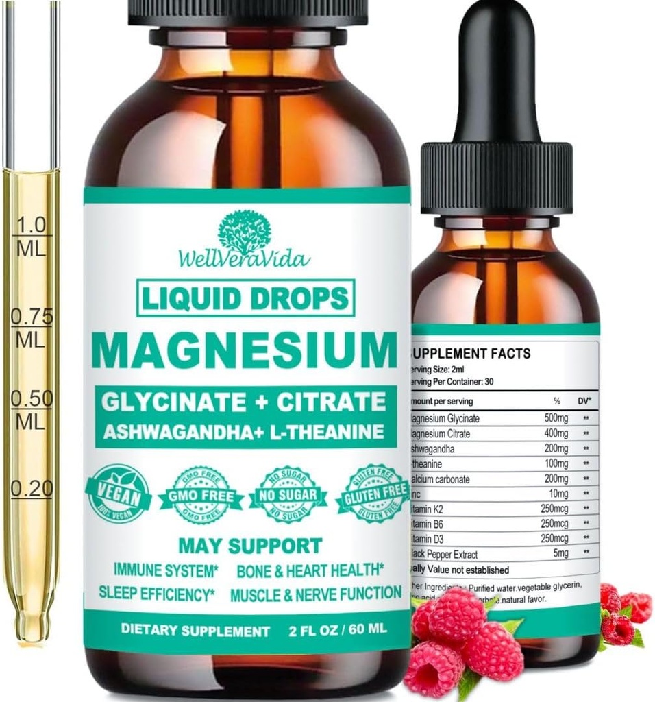 Magnésium Glycinate 500mg, Calme Magnésium Glycinate, Citrate avec la vitamine D3 K2 B6 Ashwagandha, L-Theanine, supplément complexe de chélate Magnésium gouttes liquides pour Imune Sleep Bone Mood Nerve Health