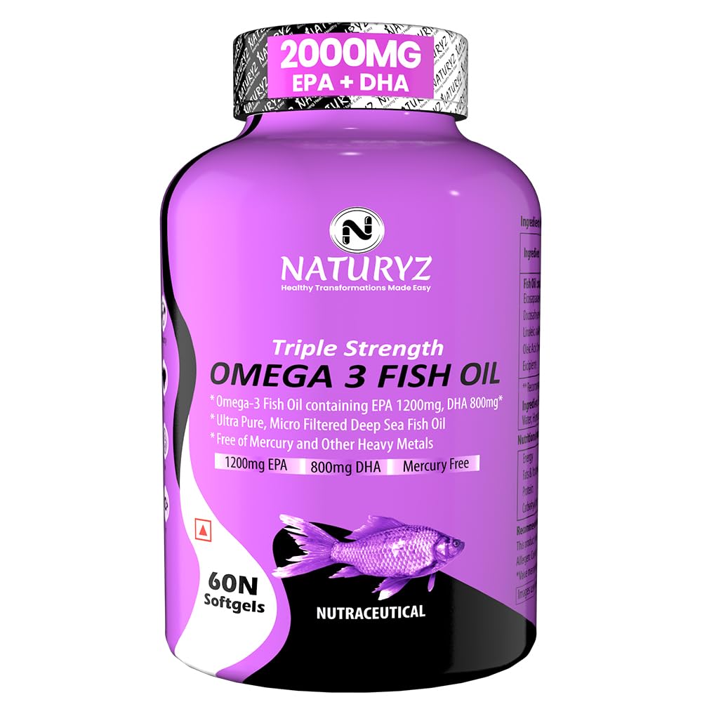 Naturyz Triple Strength Omega 3 Fish Oil with Highest Strength 2450 mg, 60 Capsules, Omega 3-6-9 Per Serving (EPA 1200mg DHA 800mg) Capsules For Men & Women