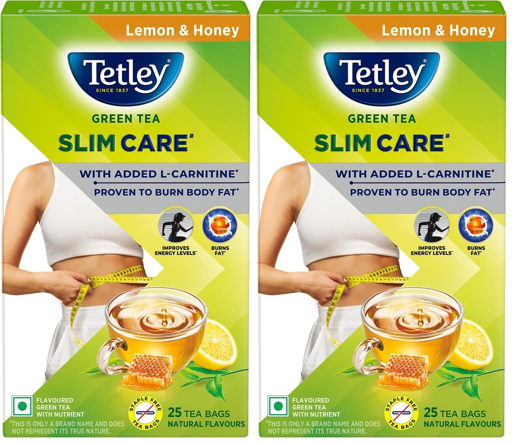 Tetley Green Tea Slim Care, With Added L-Carnitine, Helps Burn Body Fat, Boosts Energy, Low Calories, Delicious Natural Lemon and Honey Flavours, Makes 25 cups (Pack of 2)