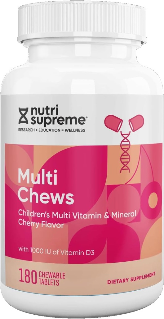 Delicious Kids Multivitamine, 180 Chews végétariens – Supplément complet pour enfants avec vitamines et minéraux essentiels - Vitamine A, B, C, D3, Calcium, Fer, Acide folique, Zinc – Saveur de cerise