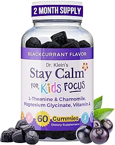 Stay Calm Kids Gummies du Dr Klein – Magnésium Glycinate + Vitamine A, L-Theanine, Extrait de camomille – Promouvoir la concentration et le calme pour les 5 ans et plus – Magnésium Gummies pour les enfants – Currant noir, Zéro sucre, 60 Compte