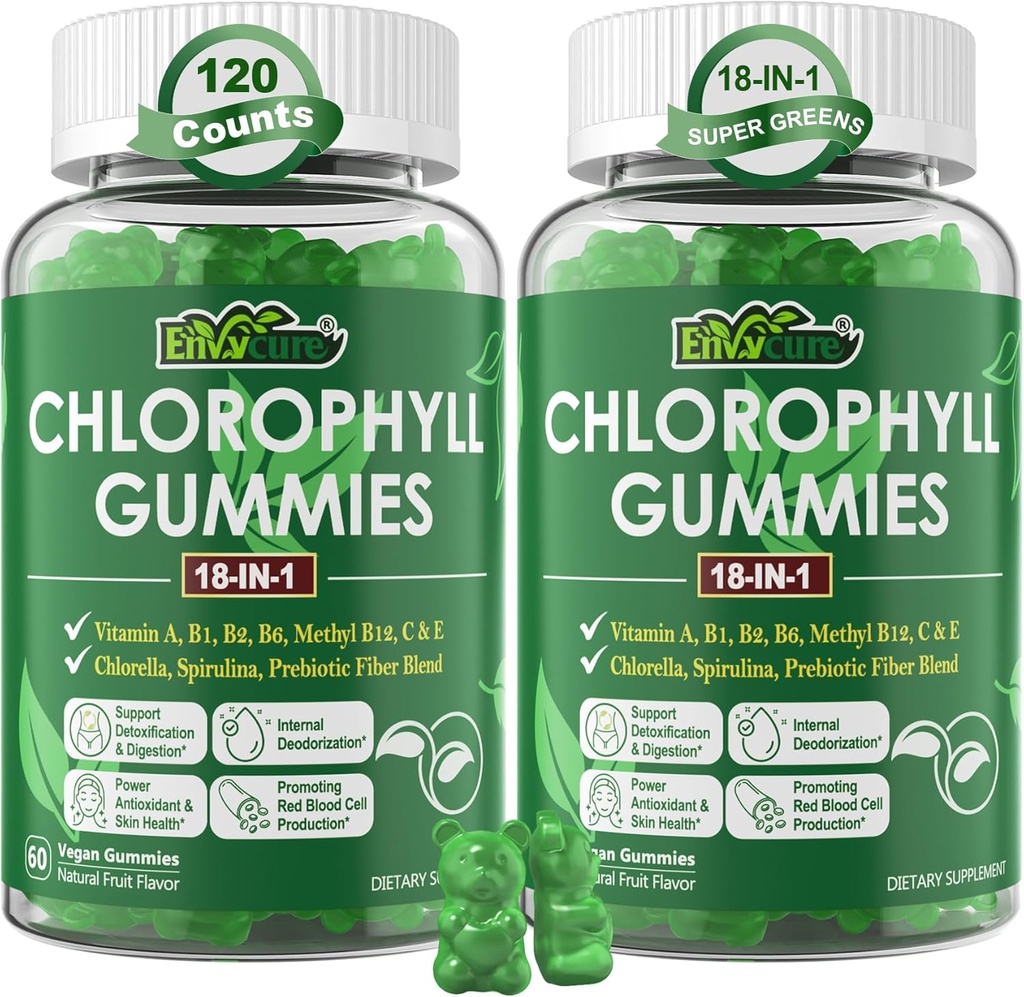 Gommies de chlorophylle, Super Vert 18-IN-1 avec Chlorella Spiruline biologique, Grasse de blé, Magnésium, Fibre prébiotique pour Déodorant Intérieur*,Digestion de Confort, Métabolisme,Immune, Odeur du corps frais, 2Packs