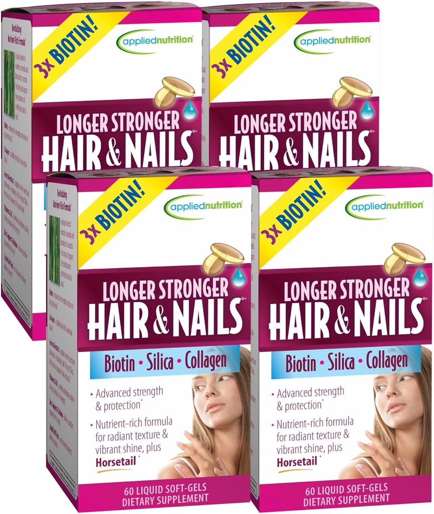 Applied Nutrition Longer Stronger Hair & Nails - 60 Liquid Soft-Gels, Pack of 4 - Biotin, Silica & Collagen - 120 Servings