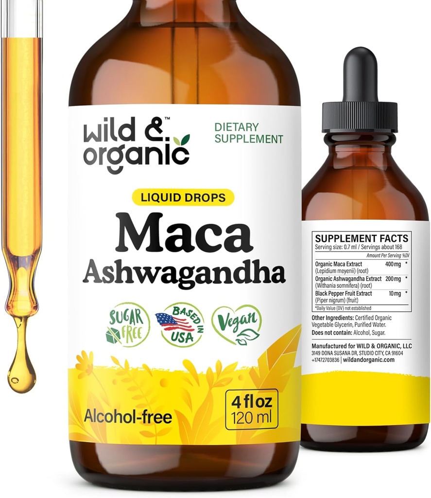 Racine de maca sauvage et biologique Ashwagandha gouttes pour les hommes et les femmes - supplément de maca liquide Ashwagandha pour le soutien global - Teinture extrait péruvienne - végétalien, sucre et sans alcool - 4 fl oz