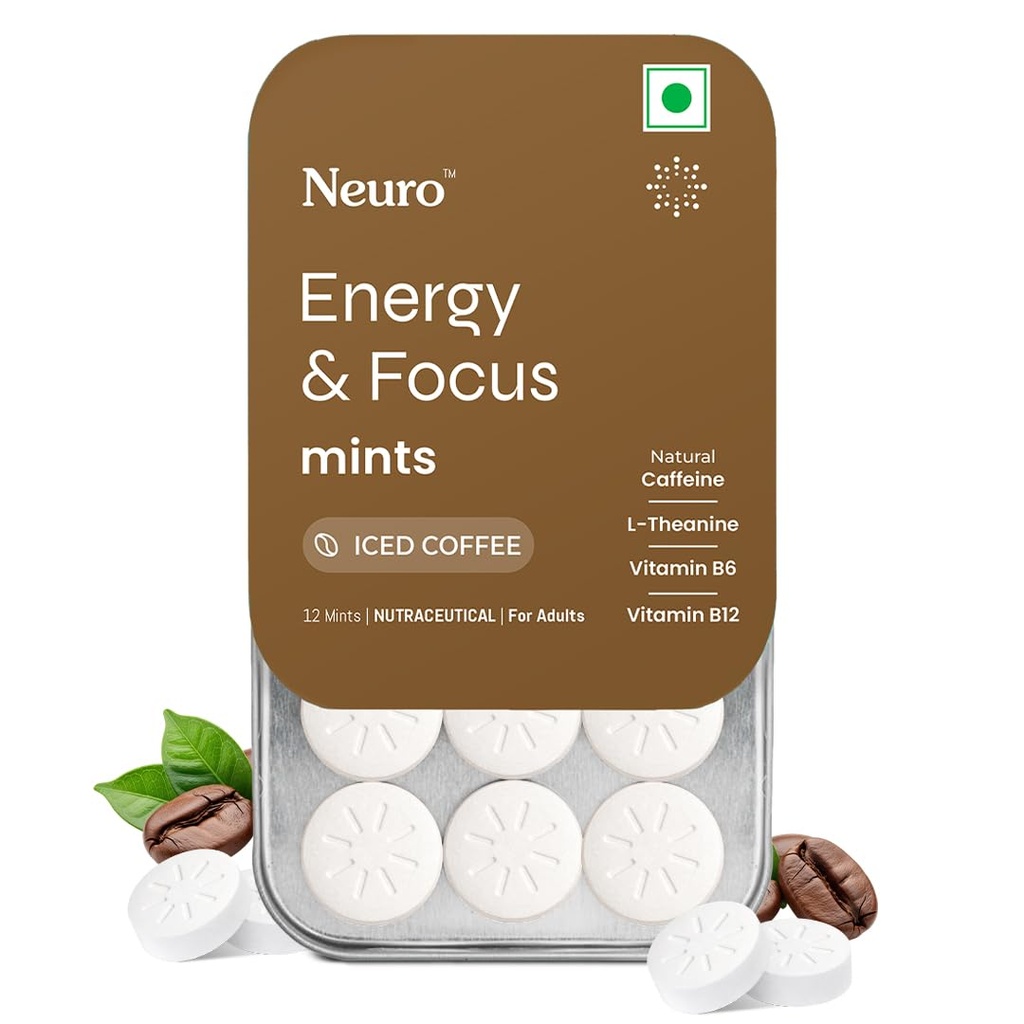 Neuro Energy & Focus Mints - Iced Coffee | Quick Energy Boost & Enhanced Focus | Natural Caffeine + 60 mg L-Theanine + Vitamin B6 & B12 | No Added Sugar | Aspartame Free | 60 Mints