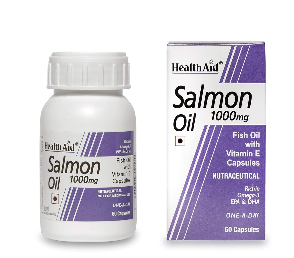 HealthAid Salmon Oil 1000mg – Omega-3 with EPA & DHA + Vitamin E | Supports Heart, Brain & Joint Health | 60 Capsules
