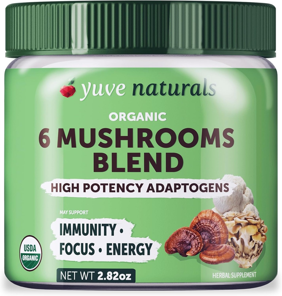 Poudre d'extraits de champignons organiques de la Yuve 6 - Mélange magique de Reishi, Chaga, Lions Maine, Maitake, Cordyceps - Ajouter au thé, café, smoothies - Soutien énergétique et défense immunitaire - 2,82oz
