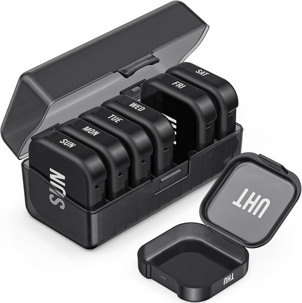 PULIV Daily Pill Organizer avec 7 grands compartiments séparés, portable Pill Box 7 Day pour la poche, Arthritis-friendly Medicating Organizer avec double protection pour les grandes vitamines, huiles de poisson (noir)