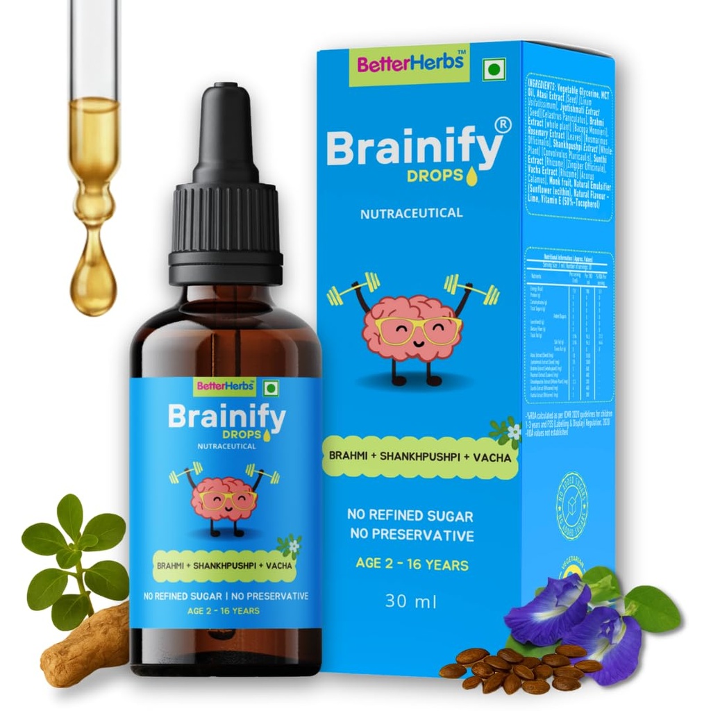 Brainify Drops for Kids | 2-16 Years | 30ml | Brahmi + Shankhpushpi + Vacha | 7 Time-Tested Natural Herbs Formulation | No Added Sugar & Preservatives