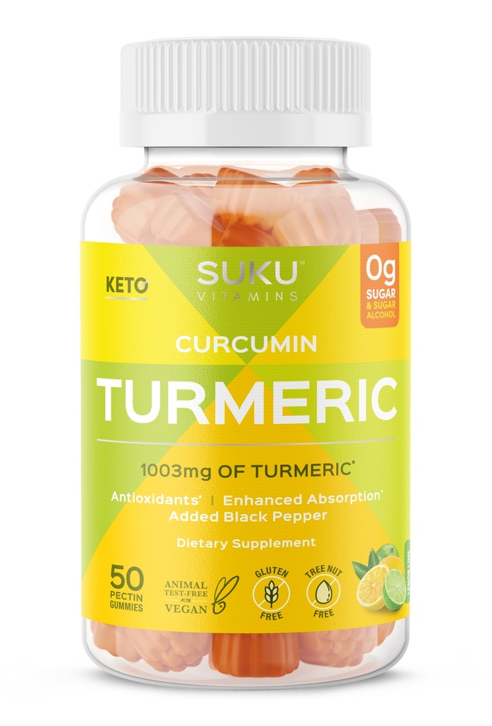 SUKU Curcumine curcuma sans sucre Gummies avec 1003mg de curcuma - poivre noir protège le foie, améliore la digestion, la réponse à l'inflammation et la santé articulaire – L'arôme de citron Lime (50 Gummies)