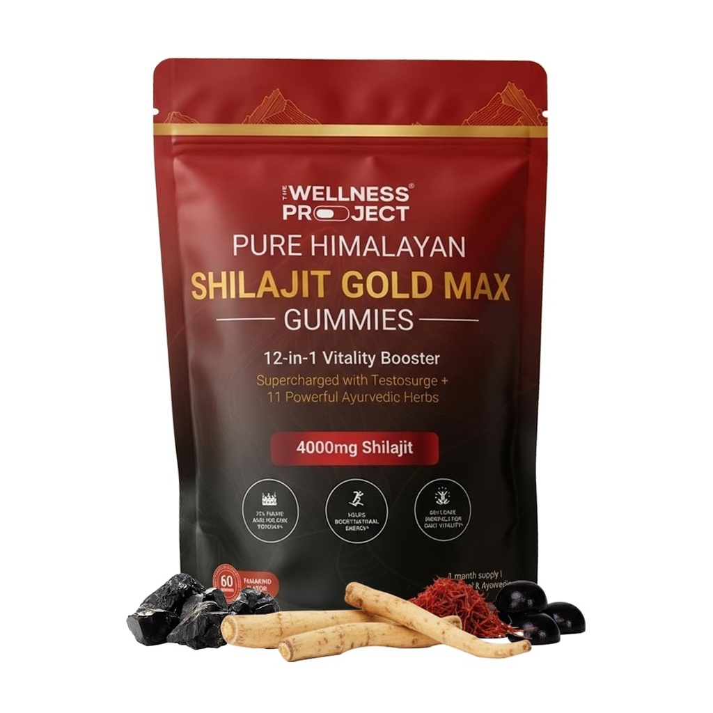 The Wellness Project 12-in-1 Shilajit Gold Max Gummies| 4000mg Pure Himalayan Shilajit, Saffron, Tongkat Ali, Ashwagandha, Maca Root, Gokshura| Fulvic Acid & Trace Minerals| No Added Sugar| 60 Gummies