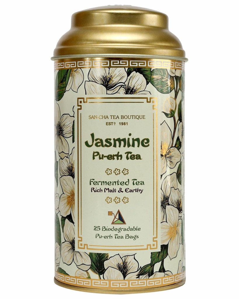 Sancha Tea Boutique, Jasmine Pu-erh Tea, 25 Pyramid Bags | Aged Chinese Pu-erh with Jasmine Flowers | Earthy, Malty & Floral Notes | Premium Fermented Blend