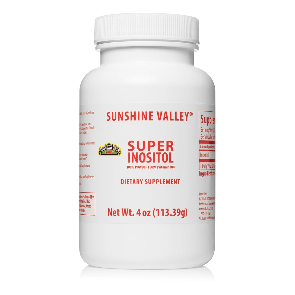 Sunshine Valley® Super Inositol, supplément alimentaire en poudre de vitamine B8, supplément naturel de fertilité PCOS, équilibre hormonal et soutien de la fonction ovarienne saine - 4 oz