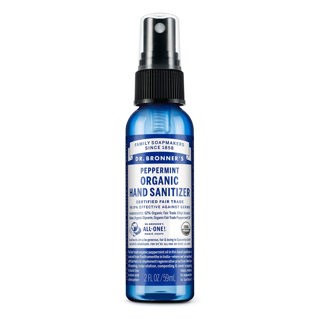 Dr Bronner - Spray d'assainissement des mains biologique (Peppermint, 2 onces) - Formule simple et efficace, nettoie et sanitise, pas de produits chimiques dangereux, hydrate et nettoie les mains