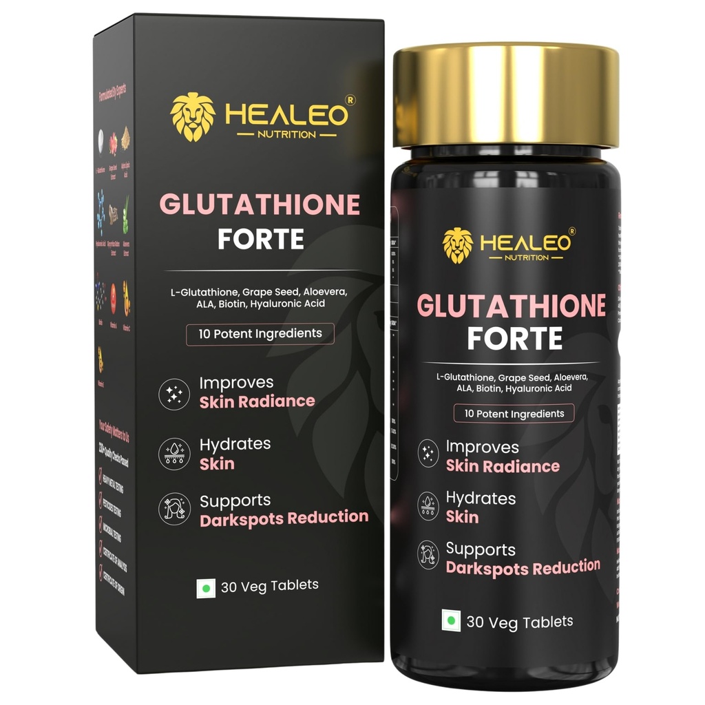 Healeo Glutathione Forte 1200mg with 99% Pure Glutathione, Hyaluronic Acid, ALA, Vitamin C, Aloe Vera For Glowing Skin - Acne Scar & Dark Spot Removal Supplement - Lab Tested - 30 Veg Tablets