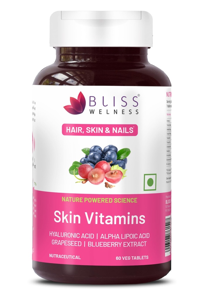 Bliss Welness Skin Multivitamin with Biotin Hyaluronic Acid Alpha Lipoic Acid Vitamins & Minerals | Glowing Radiant Youthful Skin Supplement for Women & Men - 60 Vegetarian Tablets