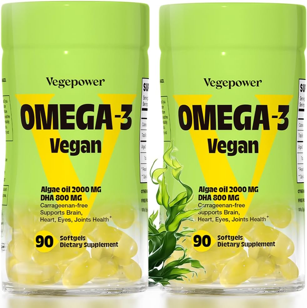 Suppléments Vegan Omega-3 DHA - Huile de poisson premium Alternative de l'huile d'algues (90 softgels sans carrageenan) Acides gras essentiels d'algues à base d'algues DHA, non-OGM (algues, 90 comtes (paquet de 2))