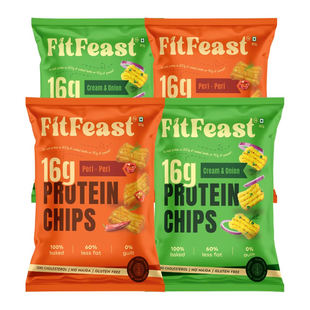 FitFeast Protein Chips - Variety Pack of 4 | 2 x Peri Peri and 2 x Cream Onion | 16g Plant Protien Per 60g Pack | Baked, Not Fried | Multigrain Protein Snacks | As Seen on Shark Tank